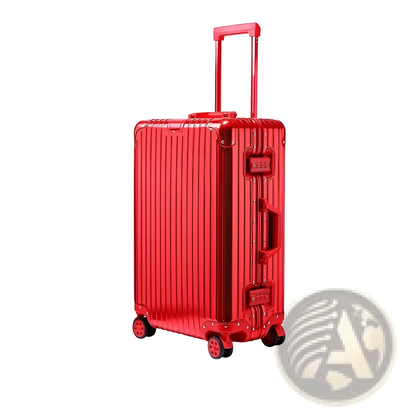 Red aluminum-magnesium alloy business travel spinner suitcase with vertical ridges and retractable handle