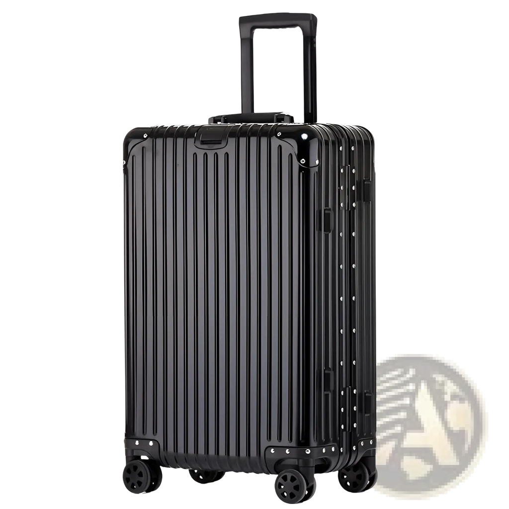 Black aluminum alloy business travel spinner case with vertical ridges and silver rivets
