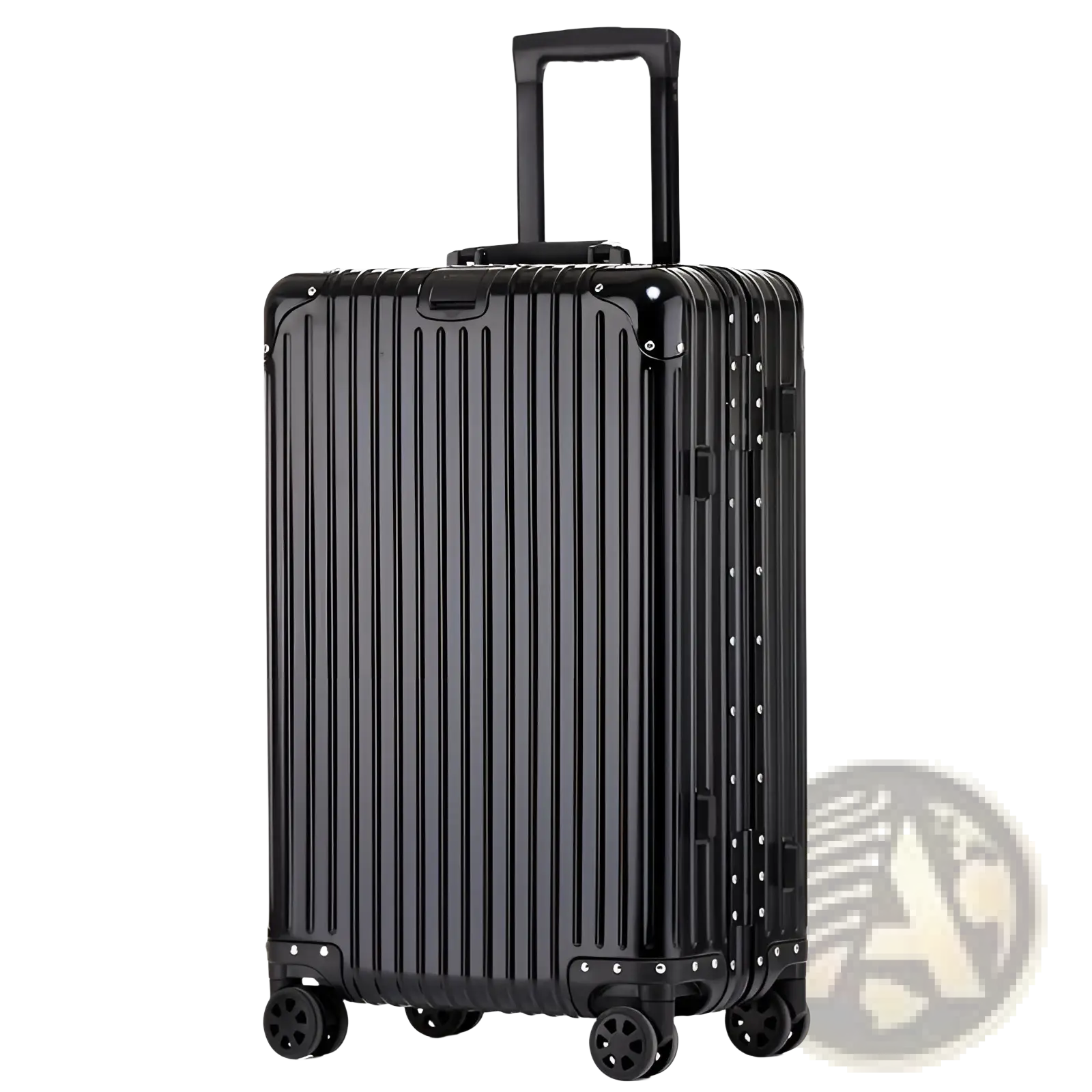Black aluminum alloy business travel spinner case with vertical ridges and silver rivets