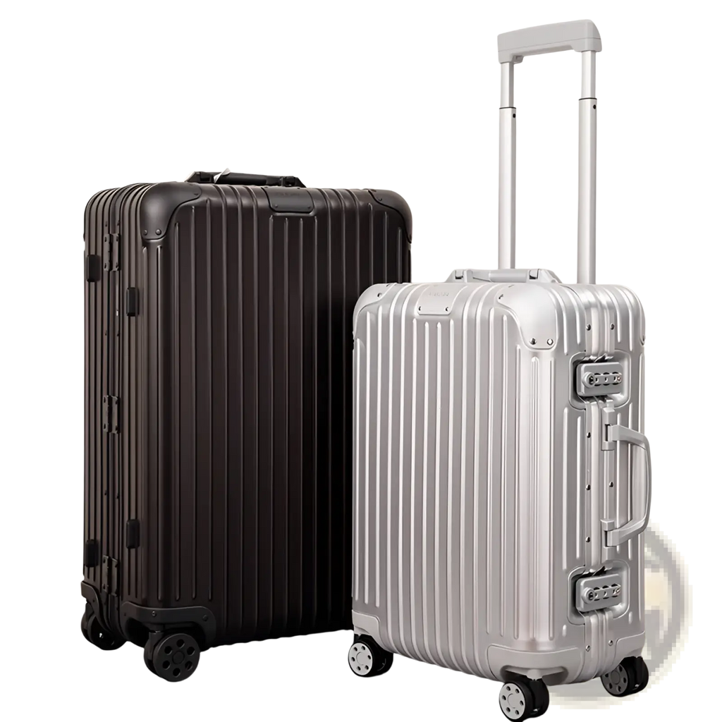 Silver and black ribbed hard-shell aluminum spinner suitcases with extendable handles for business travel