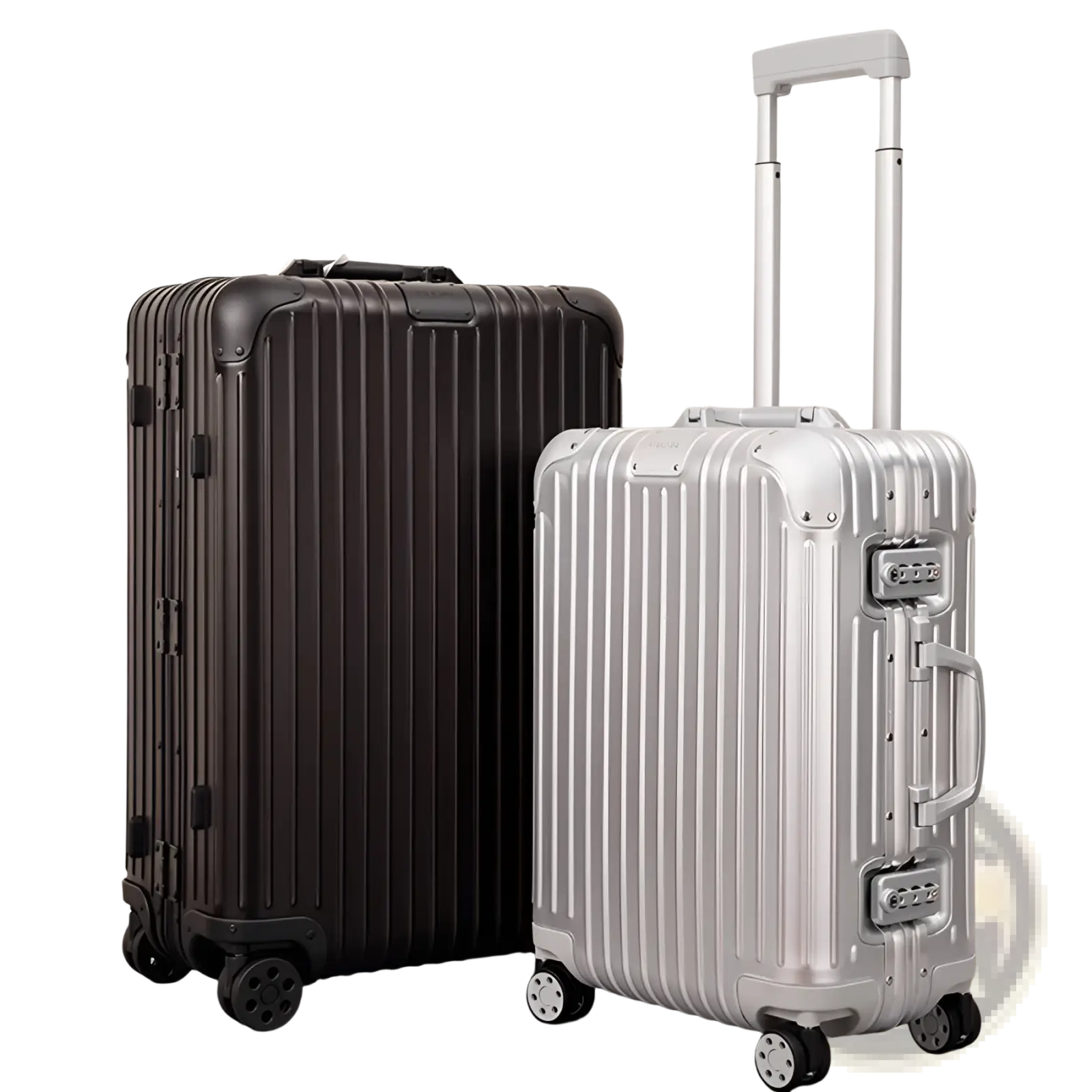 Silver and black ribbed hard-shell aluminum spinner suitcases with extendable handles for business travel