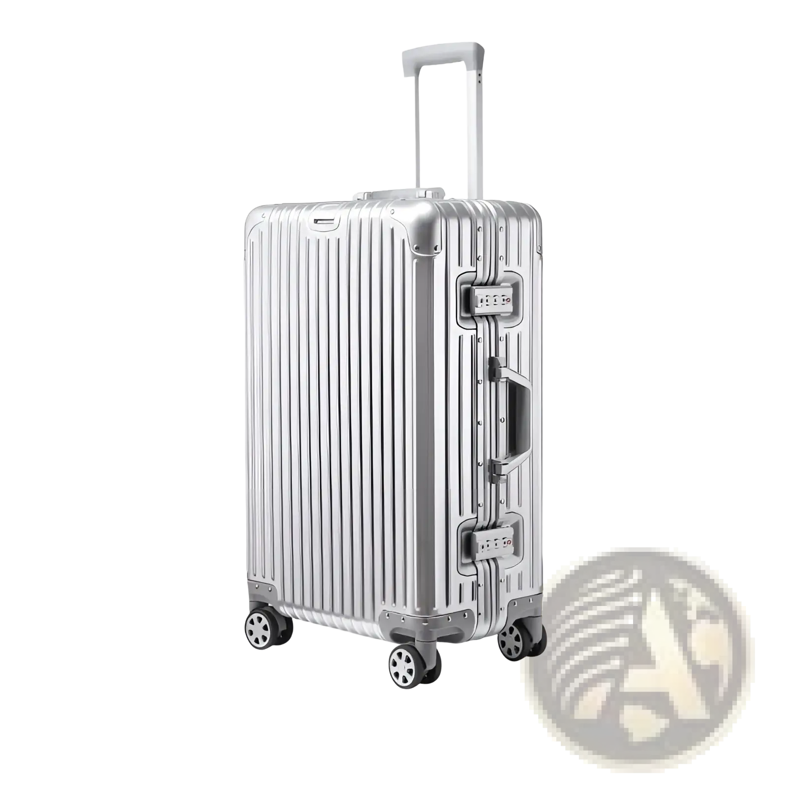 Silver aluminum-magnesium alloy business travel suitcase with vertical ridges and retractable handle spinner case