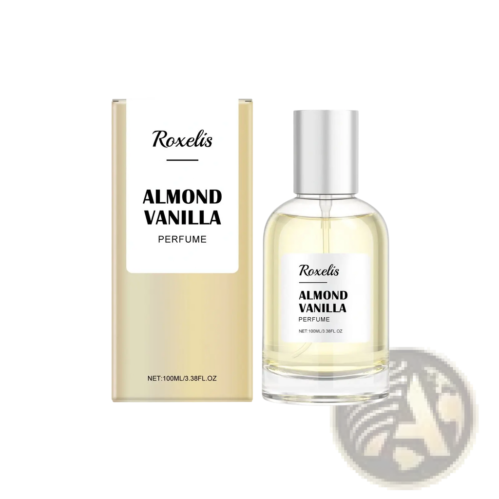 Roxelis almond vanilla long lasting perfume in a clear glass bottle with a silver cap and gold toned packaging 100ml