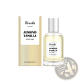 Roxelis almond vanilla long lasting perfume in a clear glass bottle with a silver cap and gold toned packaging 100ml