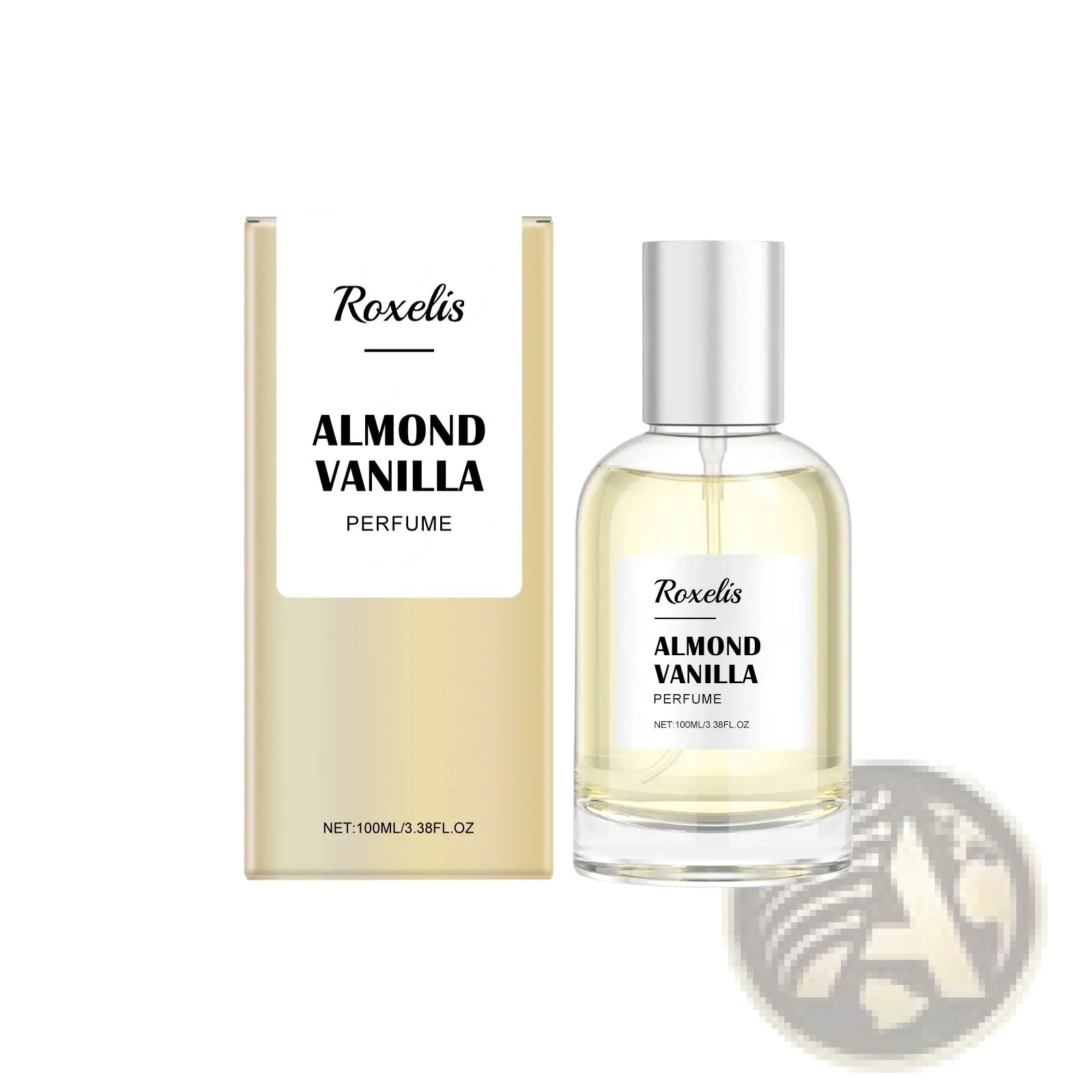 Roxelis almond vanilla long lasting perfume in a clear glass bottle with a silver cap and gold toned packaging 100ml