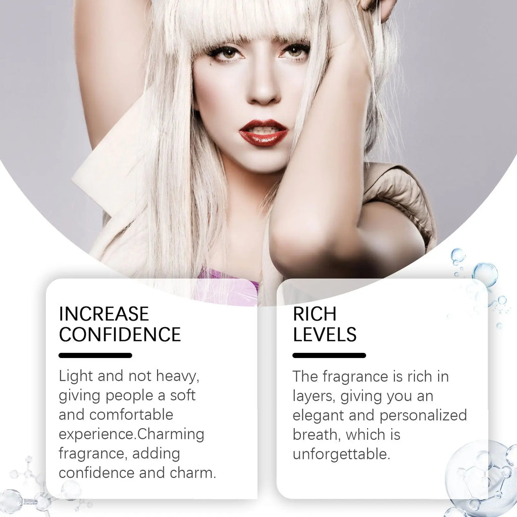 A woman with platinum blonde hair and bold red lipstick poses wearing a soft light-colored garment for almond vanilla perfume long lasting 100ml fragrance promotion