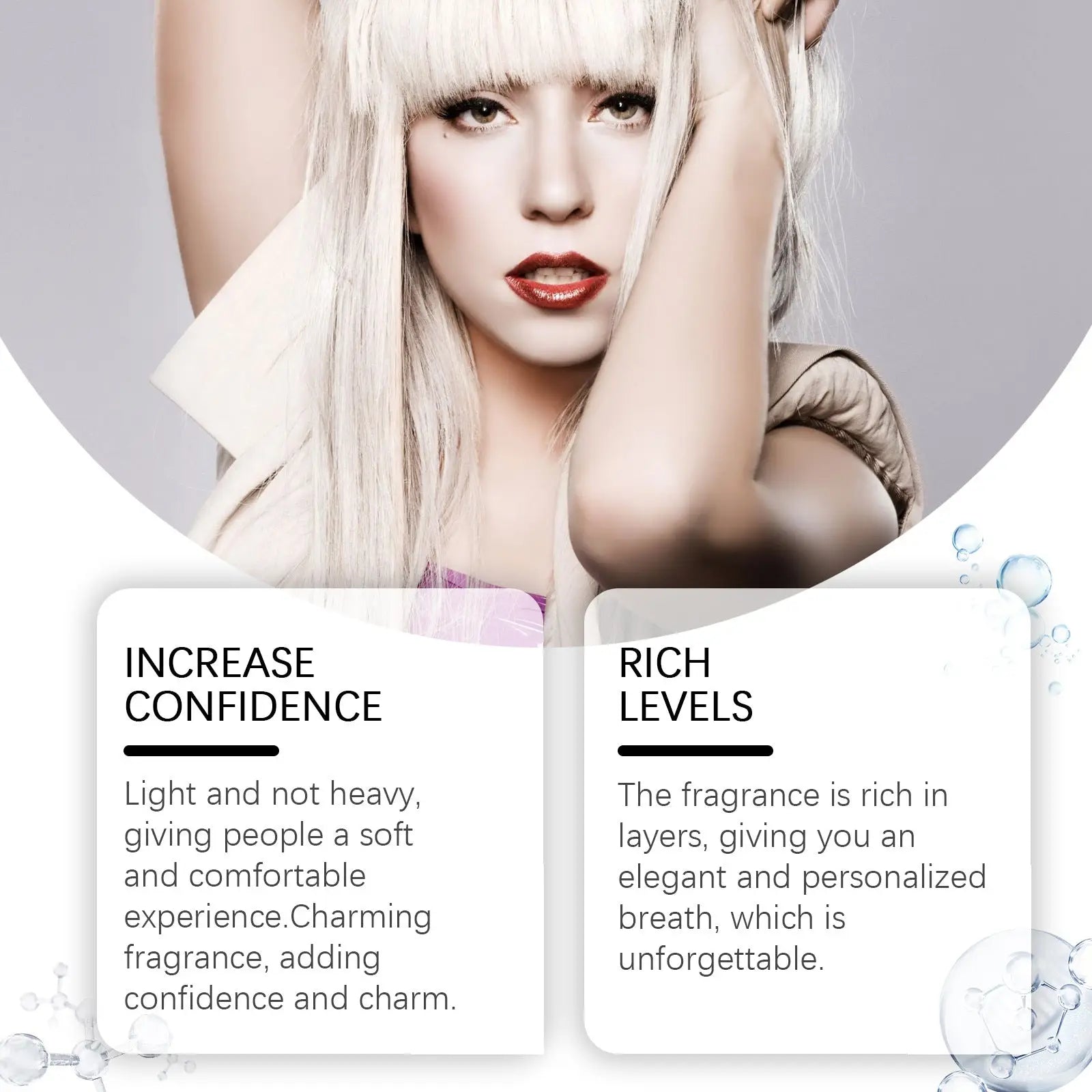 A woman with platinum blonde hair and bold red lipstick poses wearing a soft light-colored garment for almond vanilla perfume long lasting 100ml fragrance promotion