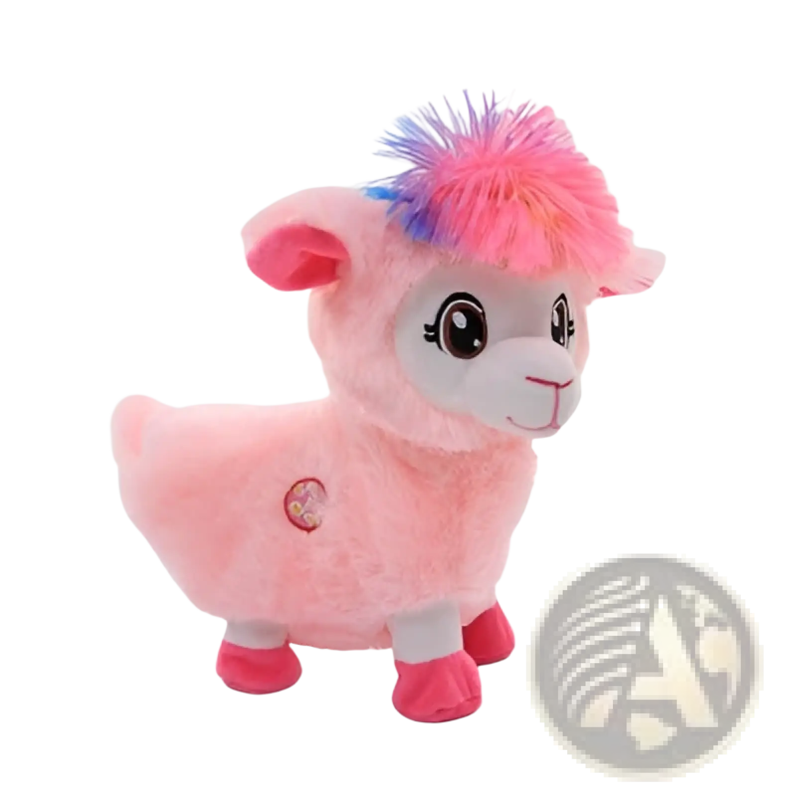 Pink plush alpaca toy with colorful spiky pom-pom mane and red feet from musical rainbow unicorn collection 30cm