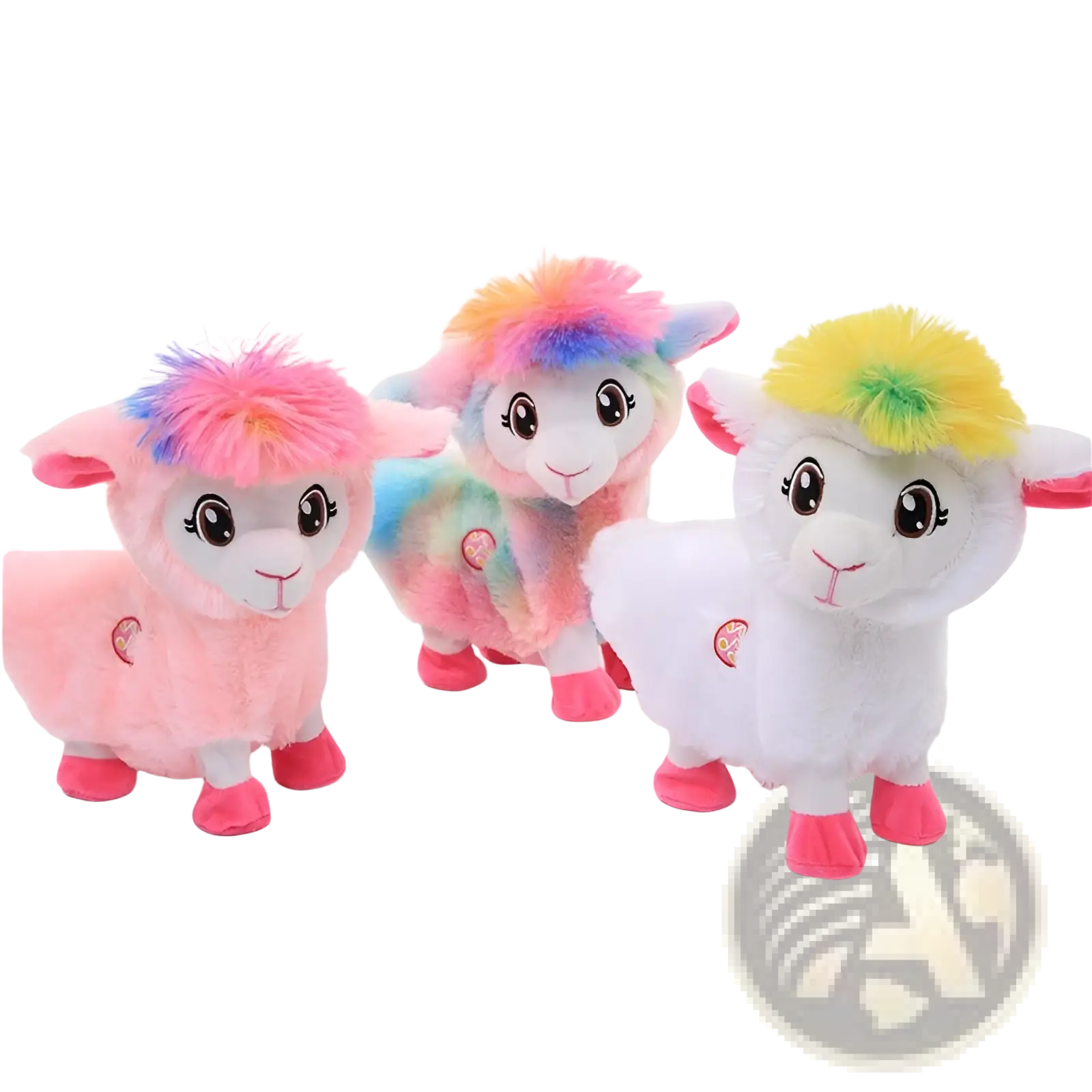 Three plush alpaca toys with rainbow hair soft pink and white bodies and matching pink feet musical rainbow unicorn 30cm