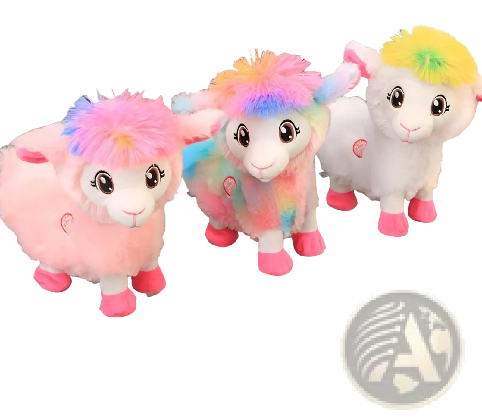 Three alpaca plush toy musical rainbow unicorns with rainbow fur and pink feet displayed on a metal bench