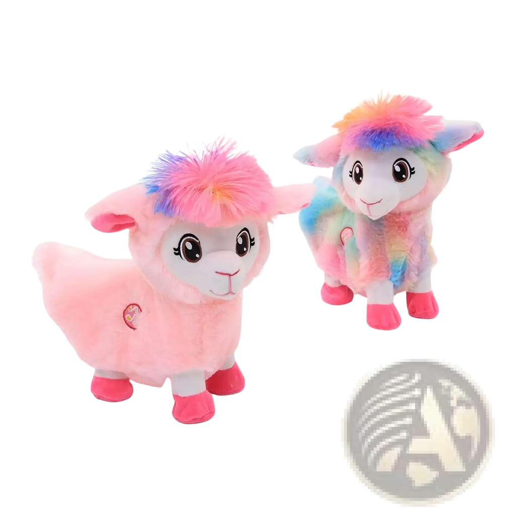 Two alpaca plush toys with soft pink fur and rainbow-colored manes from the musical rainbow unicorn collection