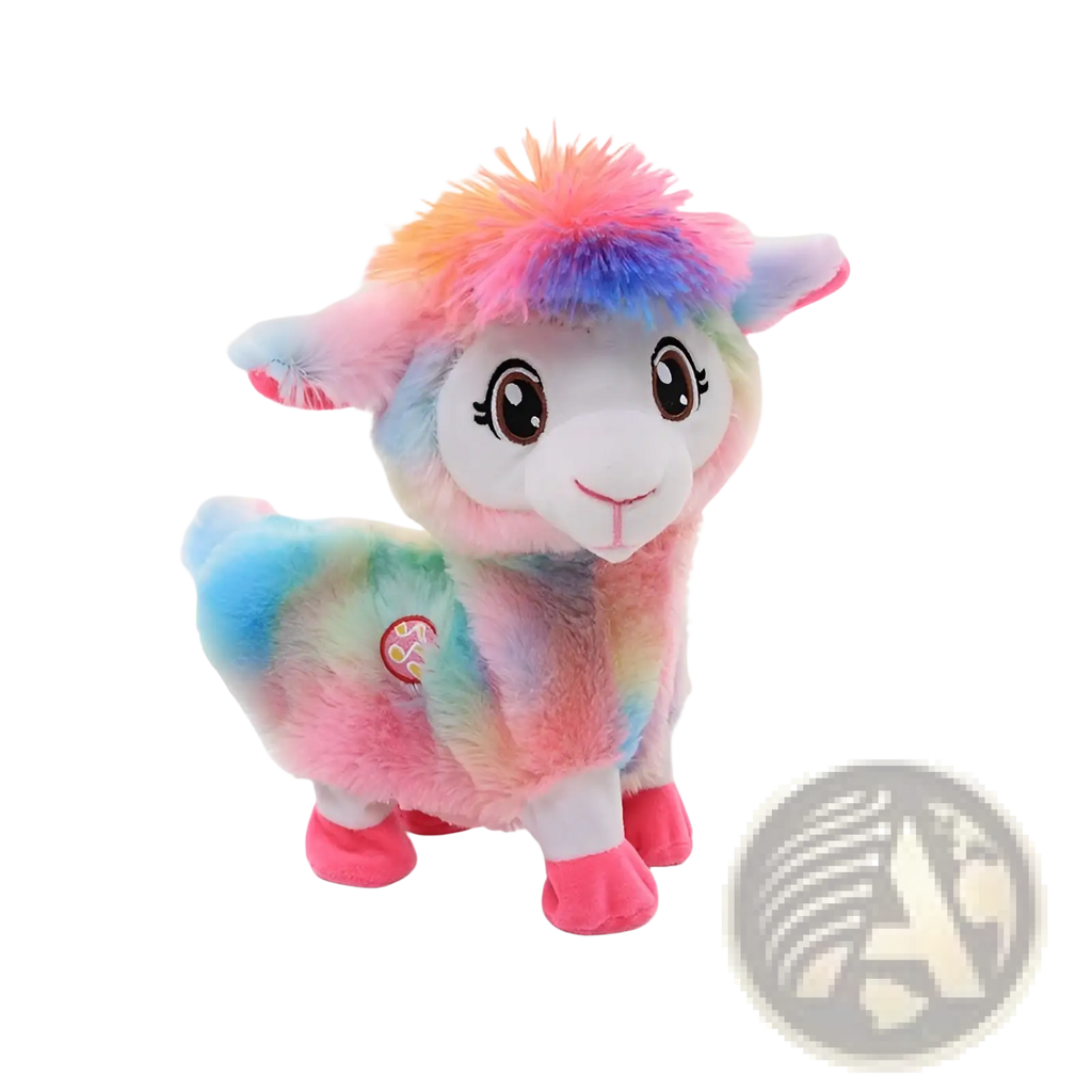 A plush rainbow-colored alpaca toy with soft fur and pink feet from the musical rainbow unicorn collection