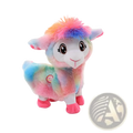 A plush rainbow-colored alpaca toy with soft fur and pink feet from the musical rainbow unicorn collection