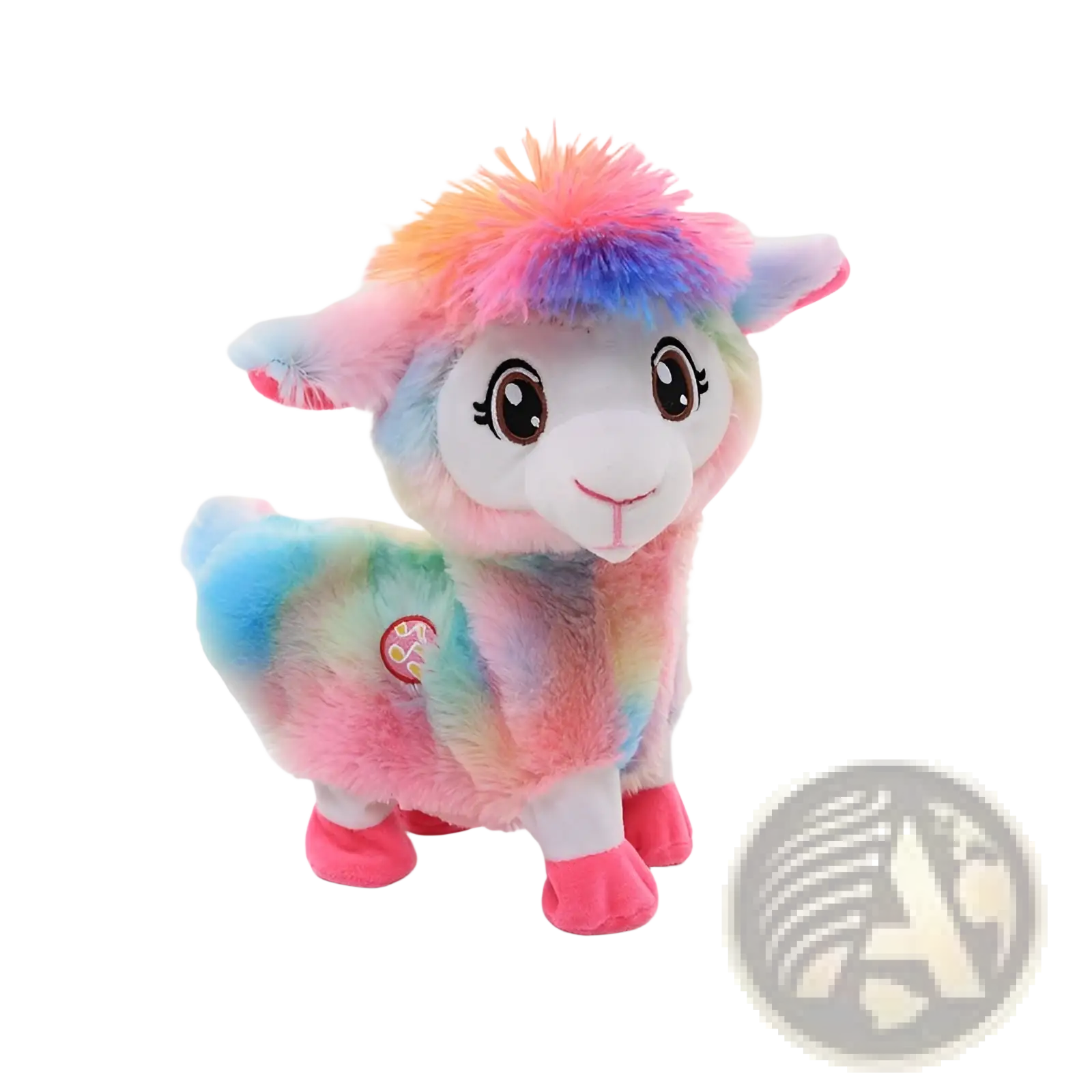A plush rainbow-colored alpaca toy with soft fur and pink feet from the musical rainbow unicorn collection