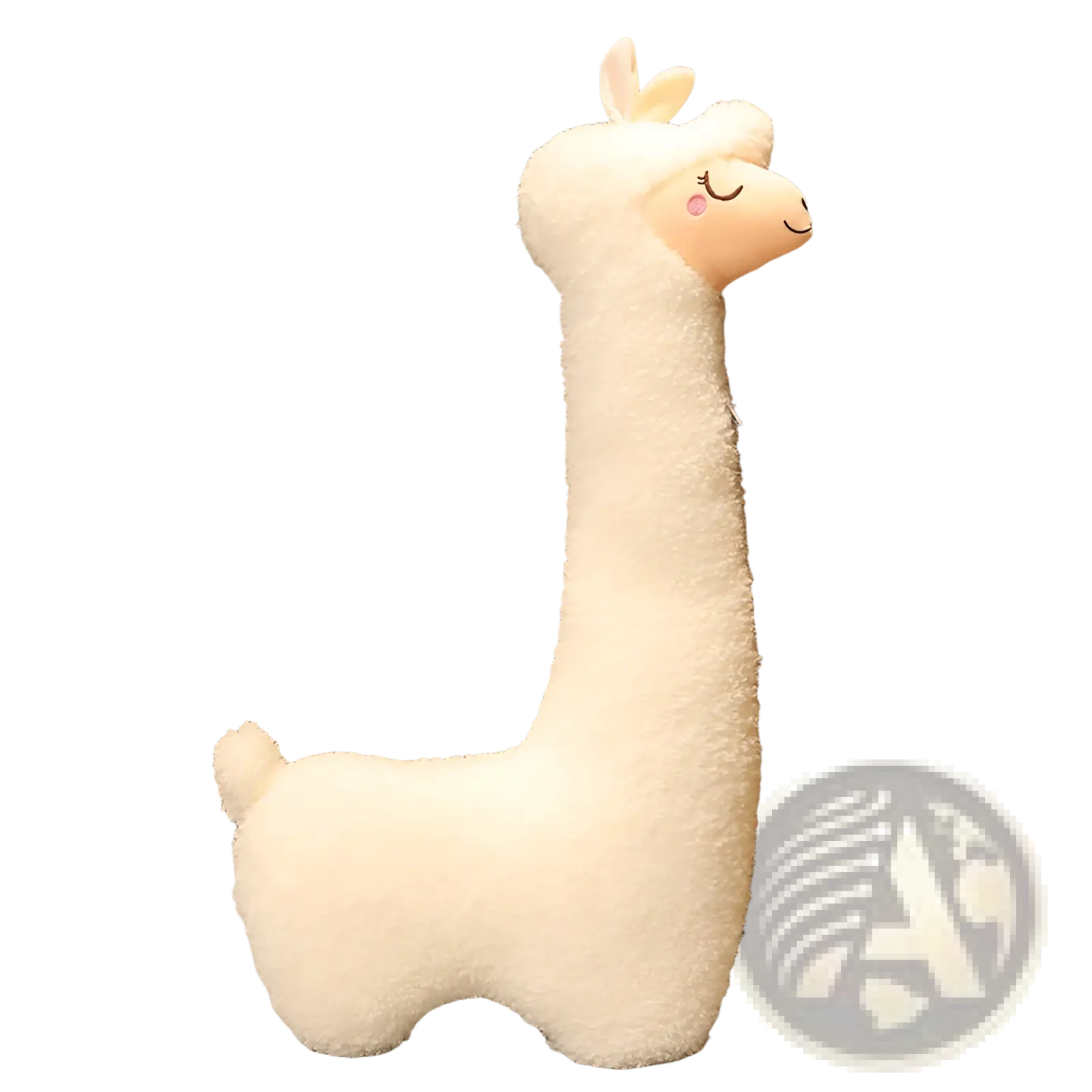 A large white alpaca plush toy pillow 75cm made of soft fluffy fur with a cute face featuring closed eyes and pink cheeks