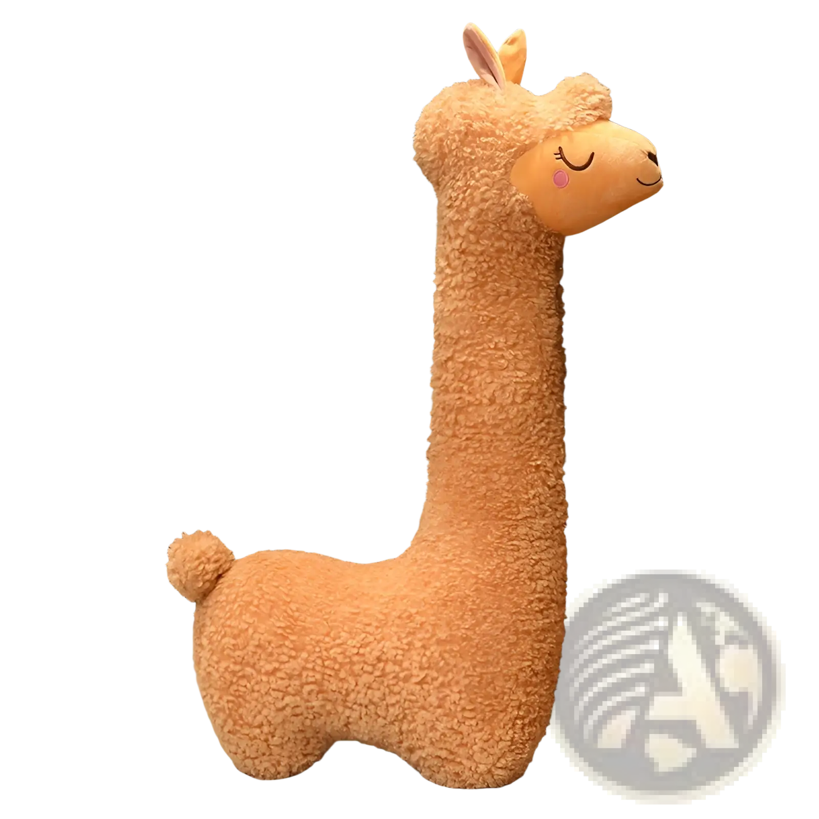 A plush 75cm tall alpaca pillow with soft tan fur and a cute face featuring closed eyes and pink cheeks
