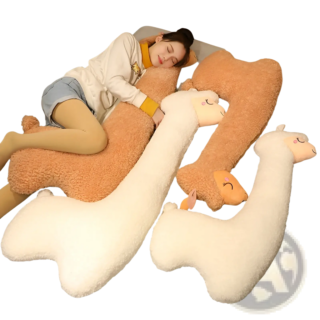 Soft tan and white fleece alpaca plush toy pillow 75cm with embroidered faces for cozy decor and comfort