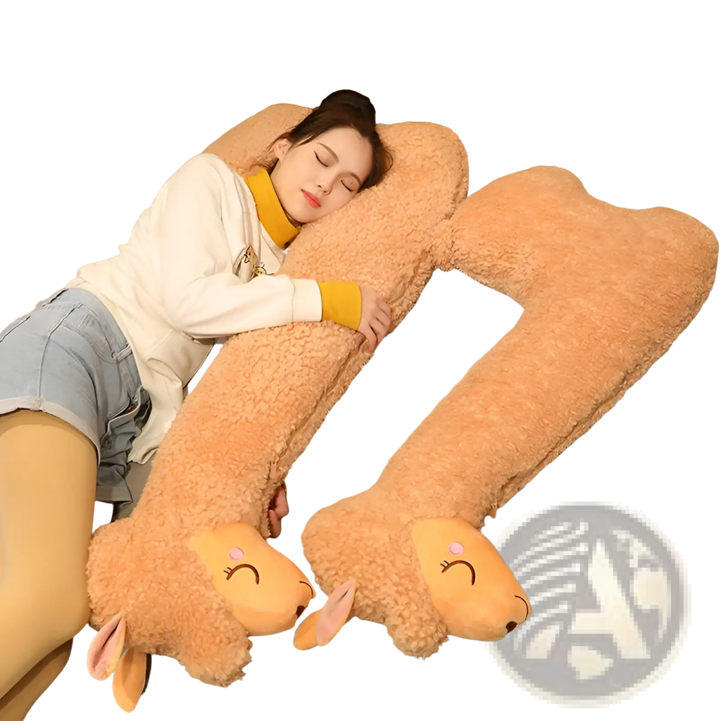 Soft tan-colored plush alpaca-shaped body pillow with embroidered face and floppy ears large white stuffed animal 75cm