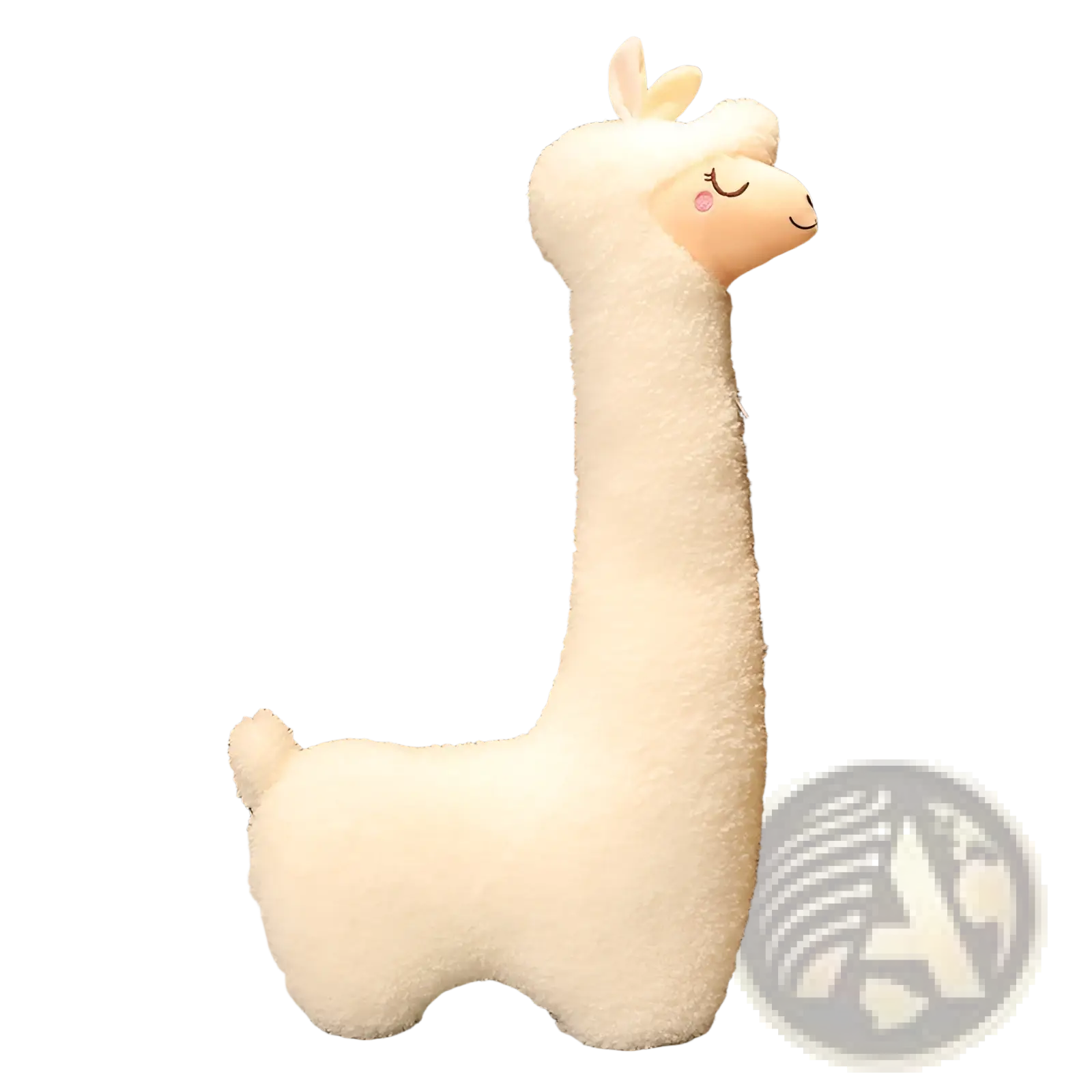 A plush white alpaca stuffed animal pillow with soft fluffy texture and embroidered facial features 75cm large