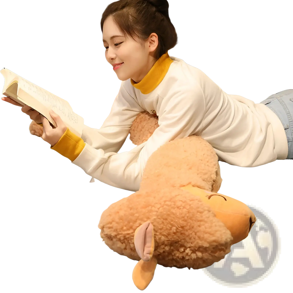 Soft tan plush alpaca pillow with closed eyes and floppy ears large white stuffed animal 75cm