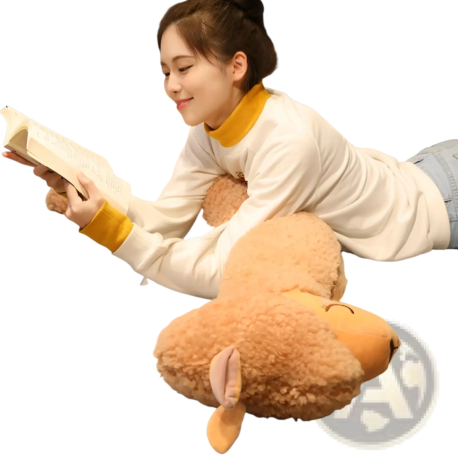 Soft tan plush alpaca pillow with closed eyes and floppy ears large white stuffed animal 75cm