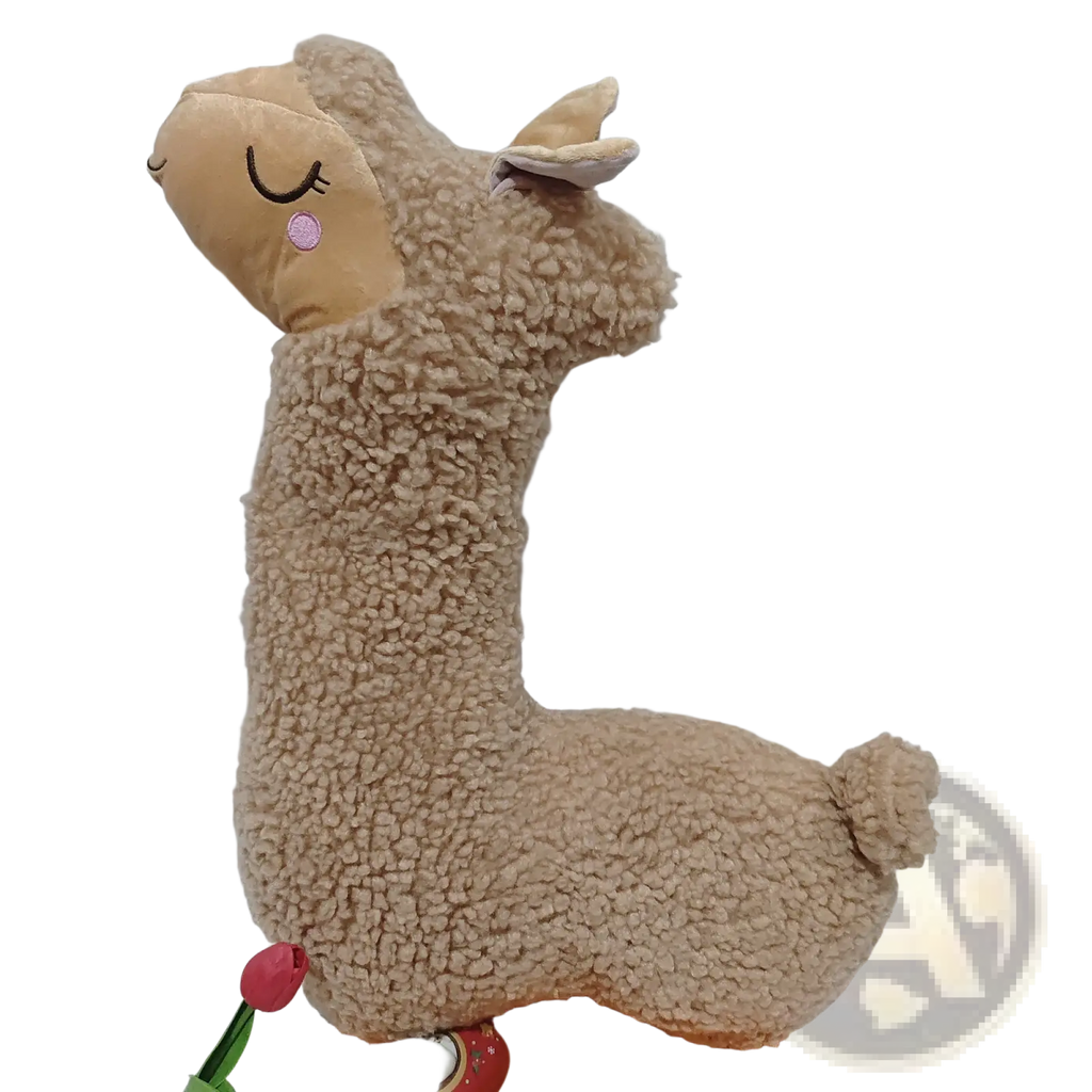 A plush large alpaca toy pillow in tan with soft fleece exterior and embroidered facial features measuring 75cm