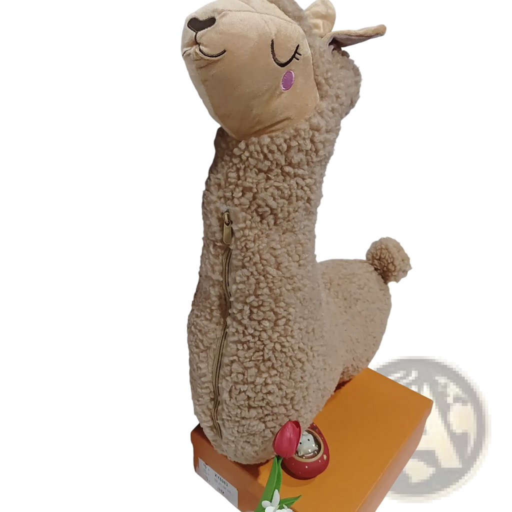 Alpaca plush toy pillow large tan stuffed animal with closed eyes and purple cheek patch measuring 75cm
