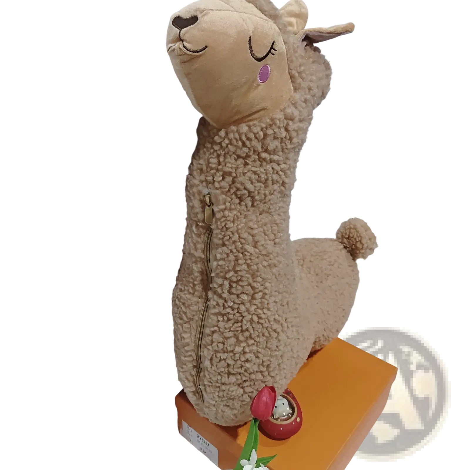Alpaca plush toy pillow large tan stuffed animal with closed eyes and purple cheek patch measuring 75cm