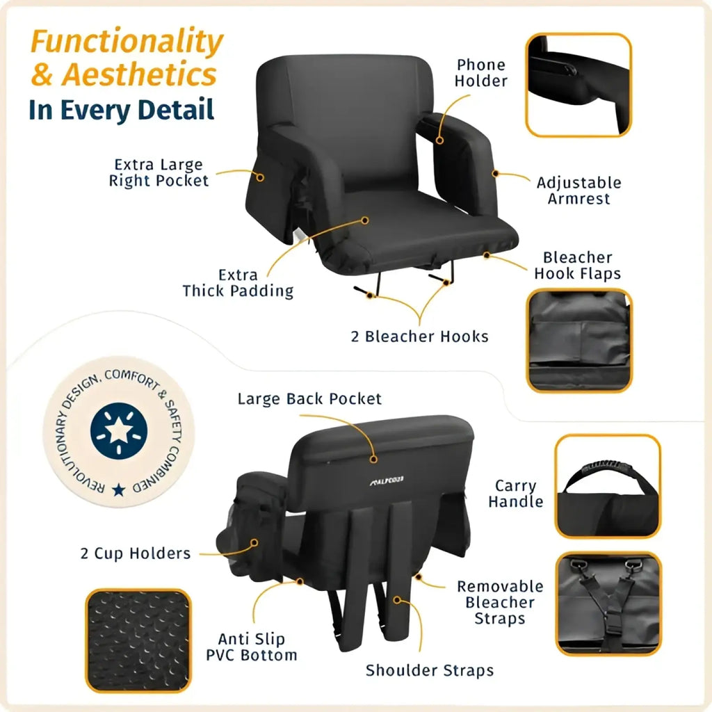 Alpcour premium reclining stadium seat in black padded fabric with adjustable armrests phone holder and multiple pockets