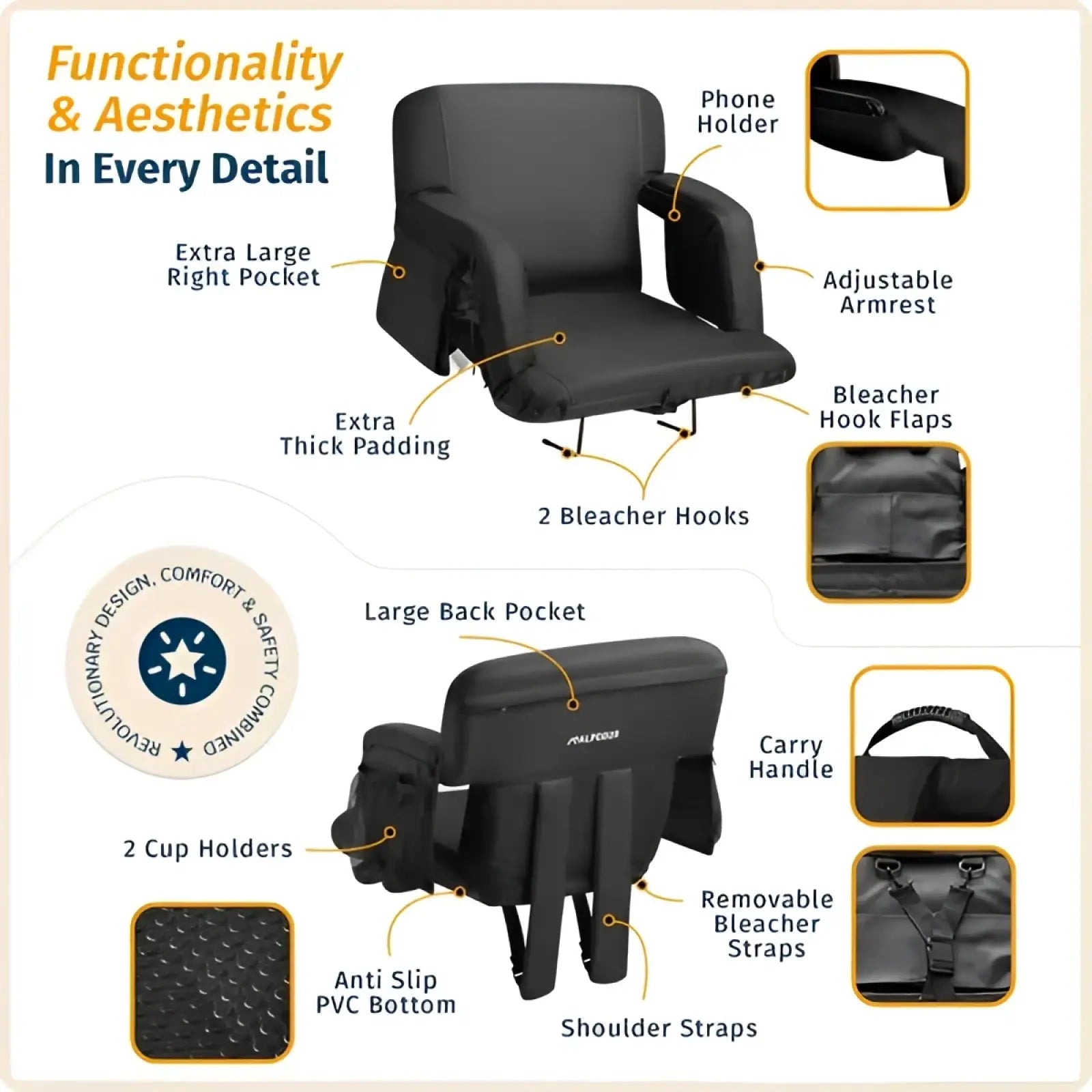Alpcour premium reclining stadium seat in black padded fabric with adjustable armrests phone holder and multiple pockets