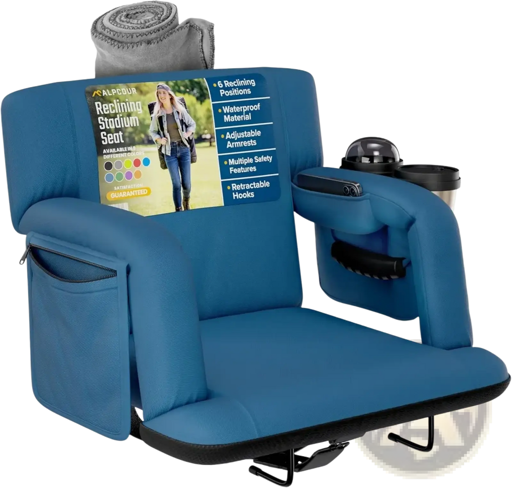 Blue alpcour premium reclining stadium seat with padded armrests side pockets and cup holders for comfort