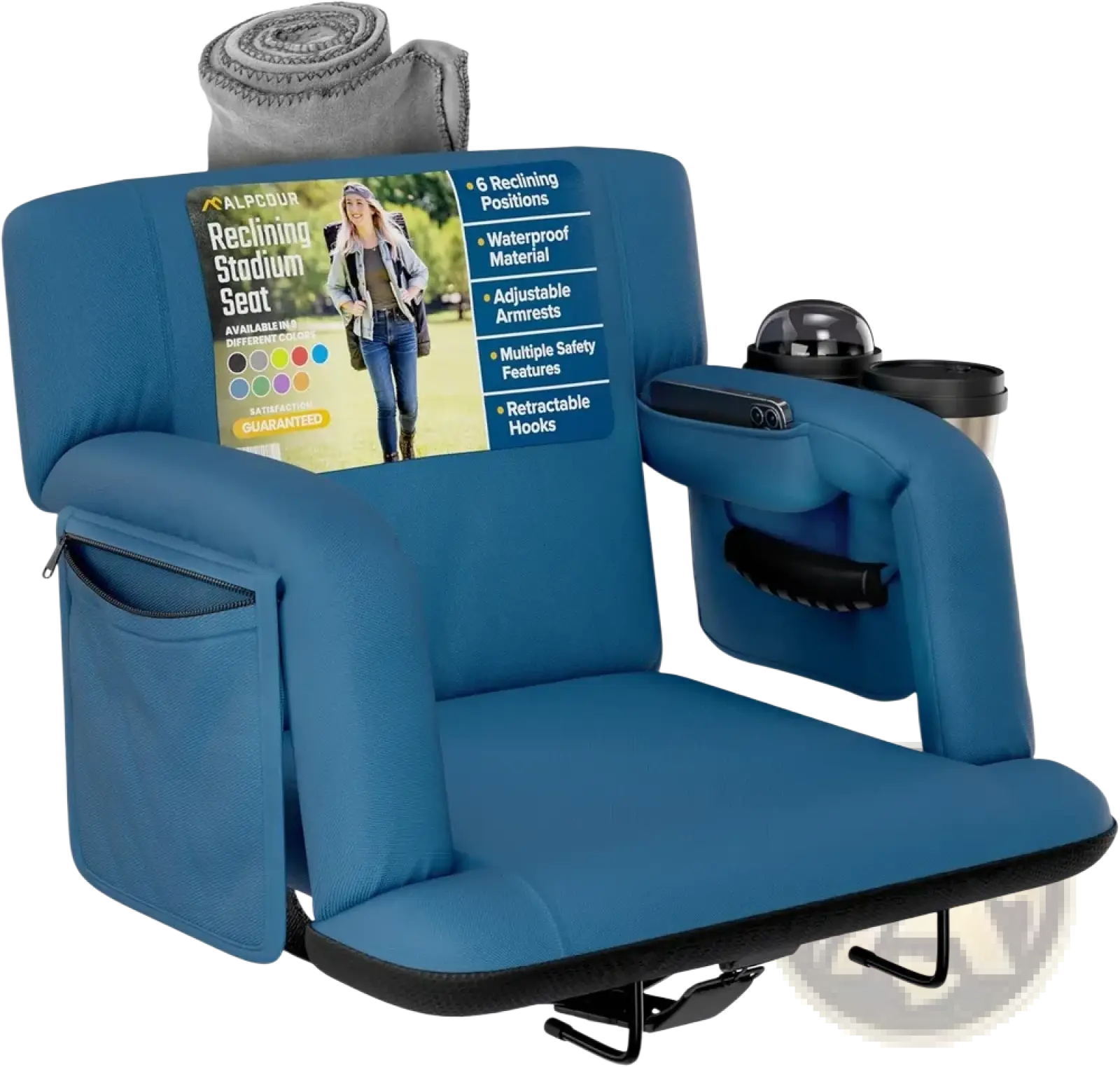 Blue alpcour premium reclining stadium seat with padded armrests side pockets and cup holders for comfort
