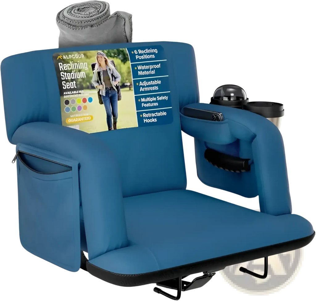 Blue alp cup reclining stadium seat with built-in cup holders and side pockets for comfortable outdoor events