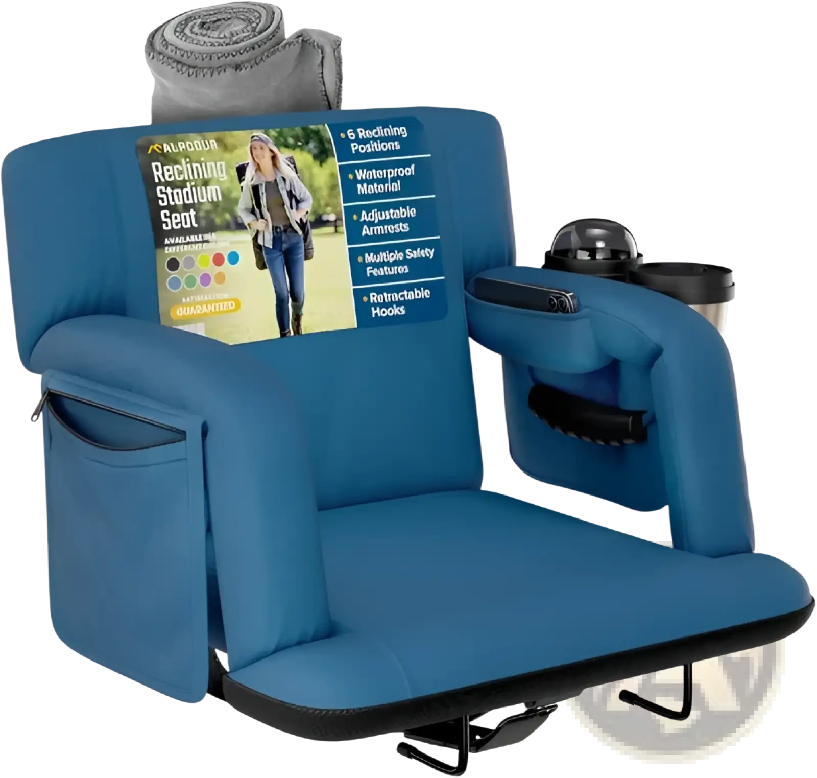 Blue alp cup reclining stadium seat with built-in cup holders and side pockets for comfortable outdoor events