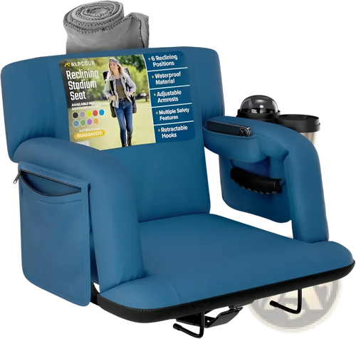 Blue alp cup reclining stadium seat with built-in cup holders and side pockets for comfortable outdoor events