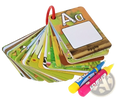 Alphabet learning cards with colorful letters, a red ring binder, and matching crayons for children’s education
