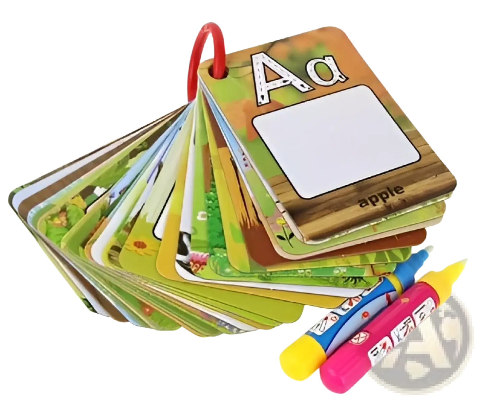 Alphabet learning cards with colorful letters, a red ring binder, and matching crayons for children’s education
