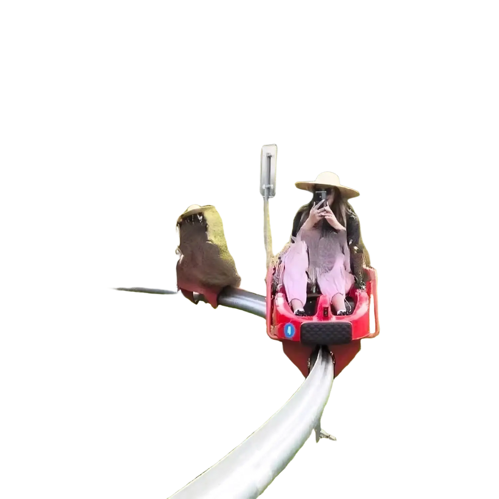 A woman in a straw hat and pink pants sits on a red alpine roller coaster outdoor ride with black rubber grips