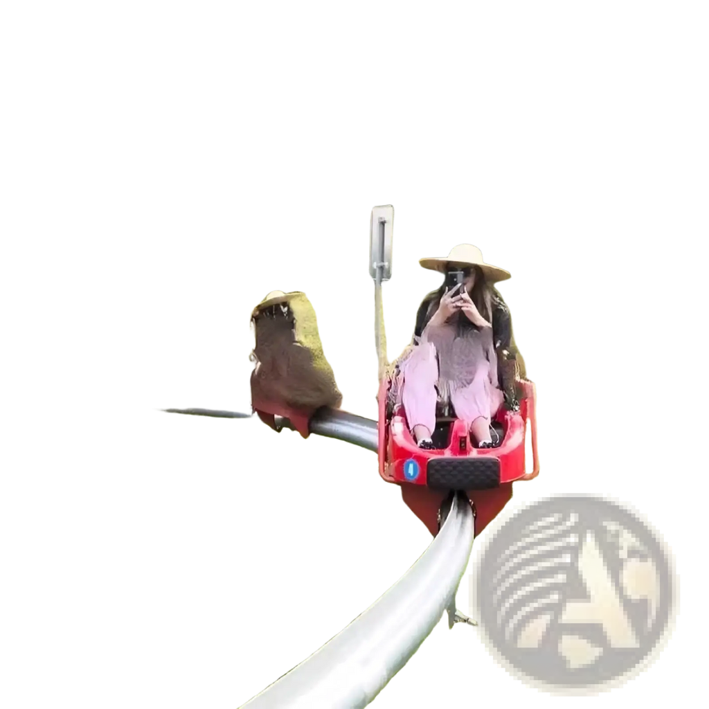 A woman in a straw hat and pink pants sits on a red alpine roller coaster outdoor ride with black rubber grips