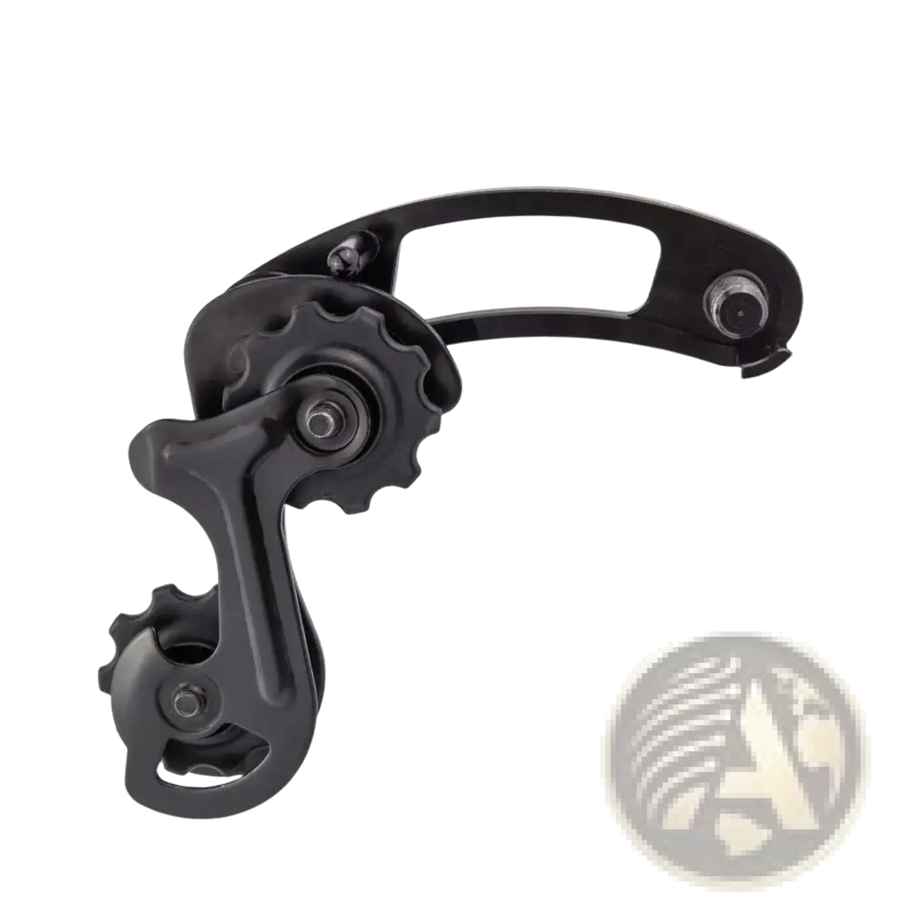 Black aluminium alloy bike chain tensioner stabilizer rear derailleur with sleek curved design and metallic finish shown from back