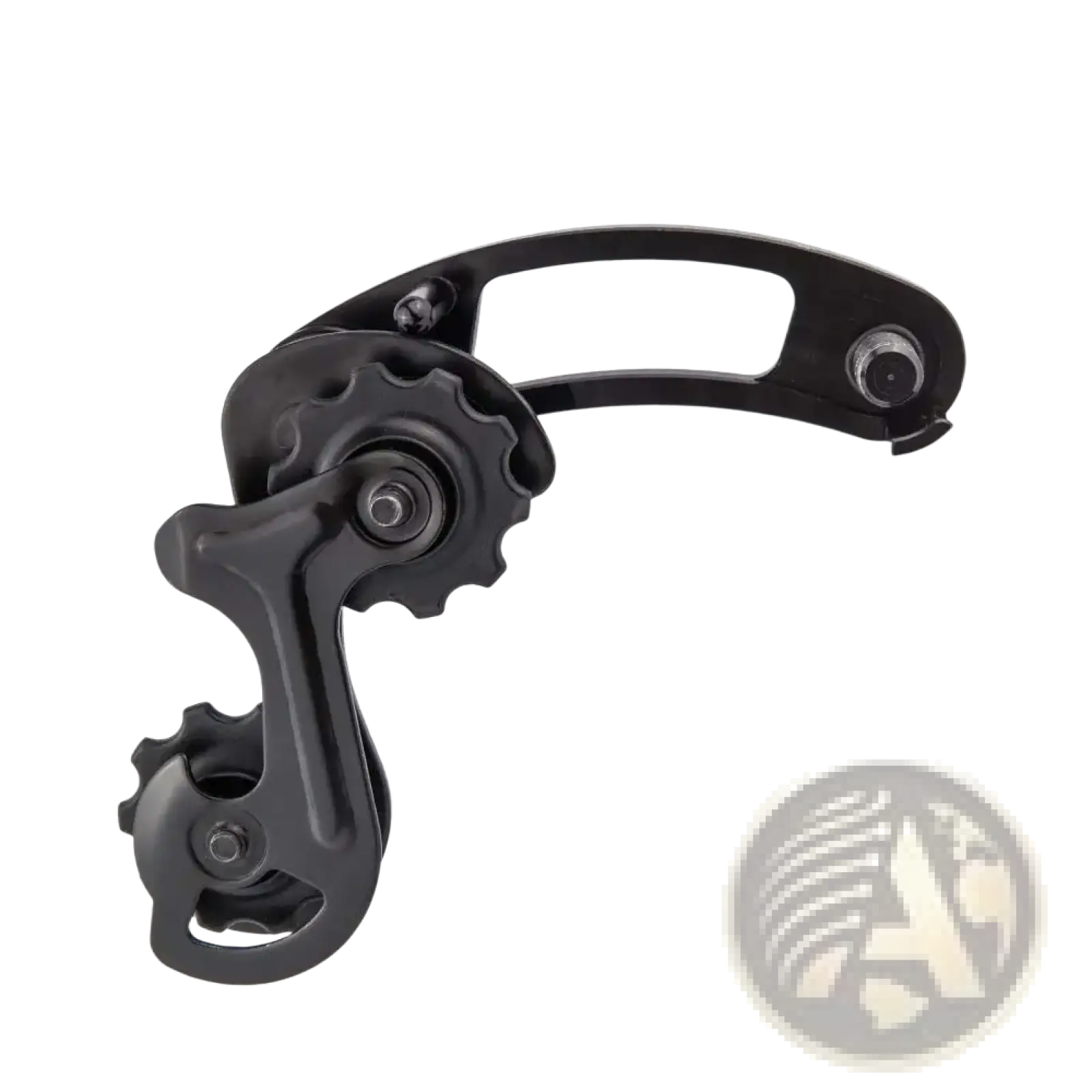 Black aluminium alloy bike chain tensioner stabilizer rear derailleur with sleek curved design and metallic finish shown from back