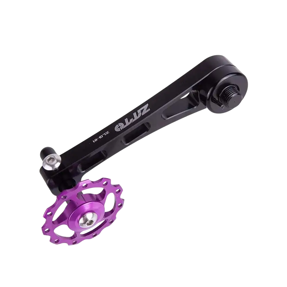 Black and purple aluminium alloy bike chain tensioner stabilizer with sleek machined aluminum derailleur hanger design