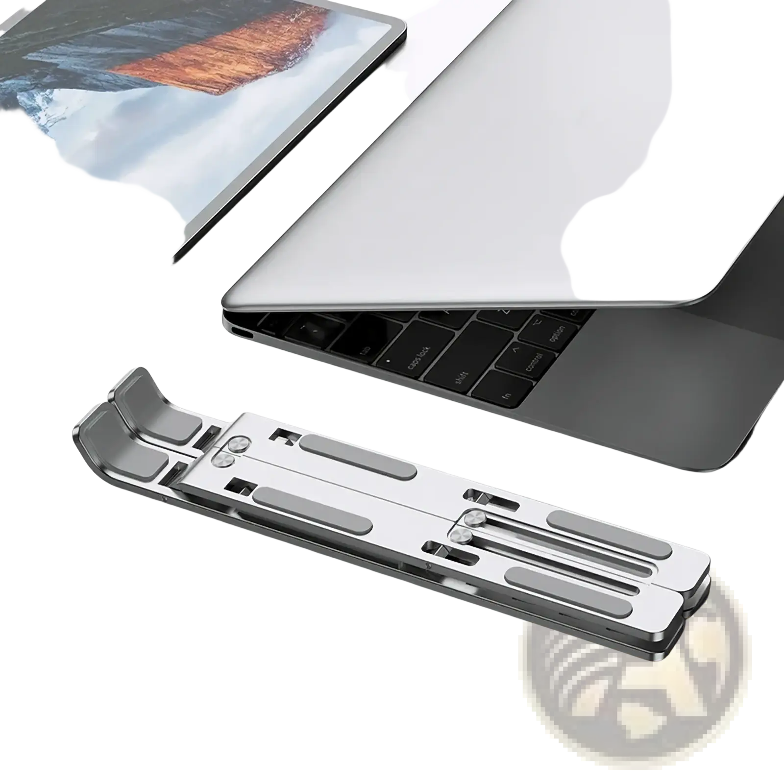Silver aluminum adjustable laptop stand with foldable minimalist design and integrated finger grips for 11-15.6 inch laptops
