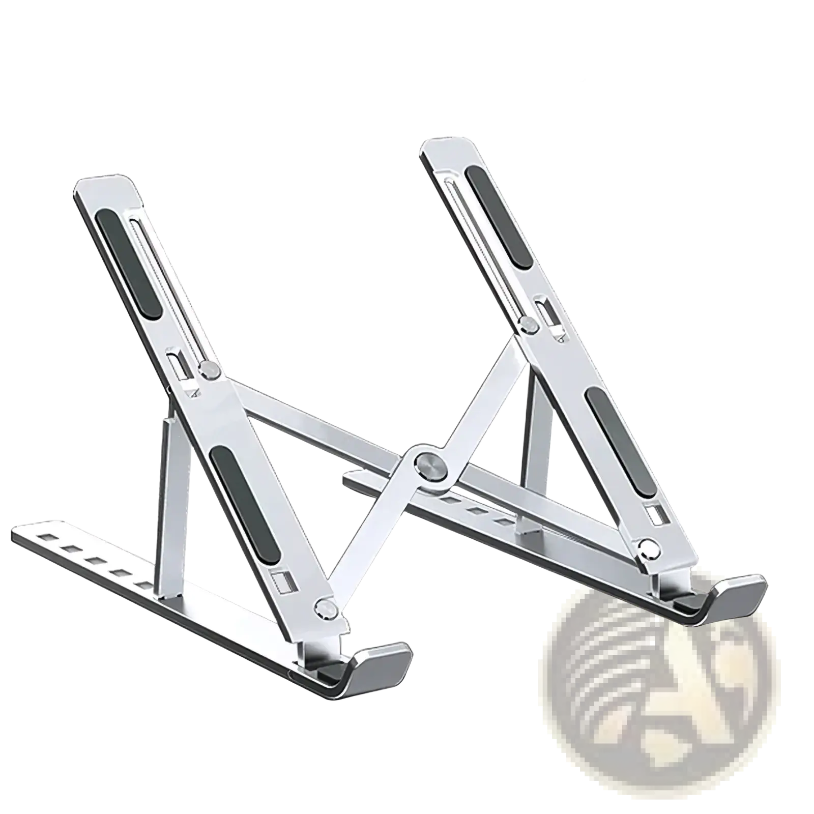 Silver aluminum adjustable laptop stand with black rubberized grip pads and foldable height settings