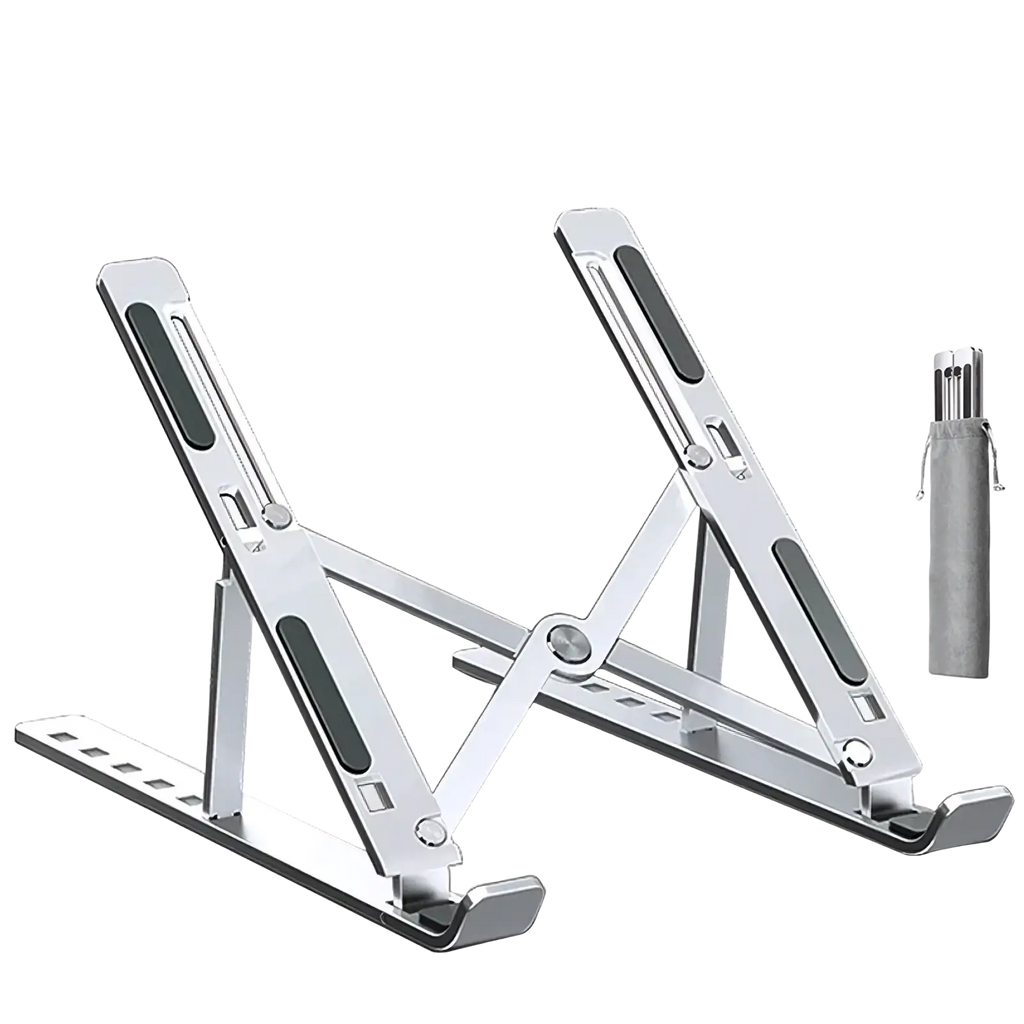 Aluminum adjustable laptop stand foldable in silver with black rubberized grip pads and compact carrying pouch