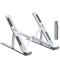 Aluminum adjustable laptop stand foldable in silver with black rubberized grip pads and compact carrying pouch