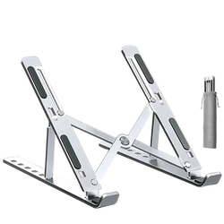 Aluminum adjustable laptop stand foldable in silver with black rubberized grip pads and compact carrying pouch