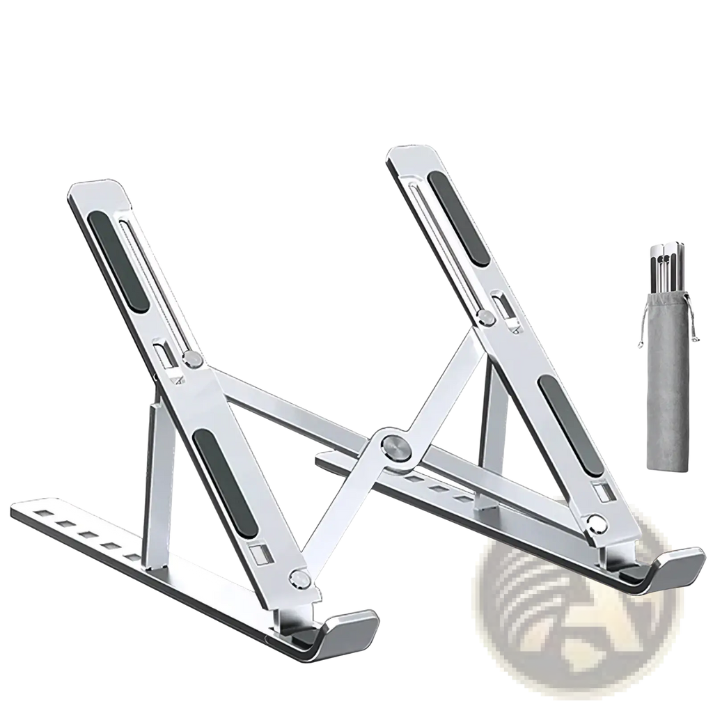 Aluminum adjustable laptop stand foldable in silver with black rubberized grip pads and compact carrying pouch