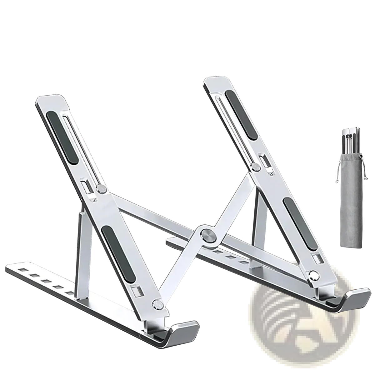 Aluminum adjustable laptop stand foldable in silver with black rubberized grip pads and compact carrying pouch