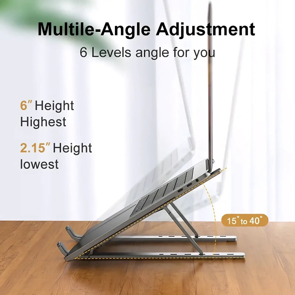 Silver metallic aluminum adjustable laptop stand with foldable design multiple height levels and angled support